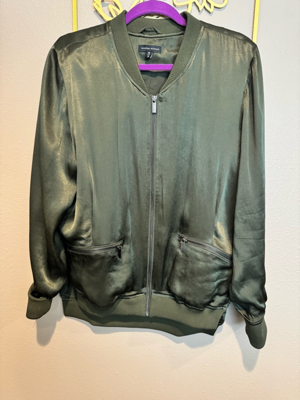 Universal Standard Olive Satin Bomber Jacket
